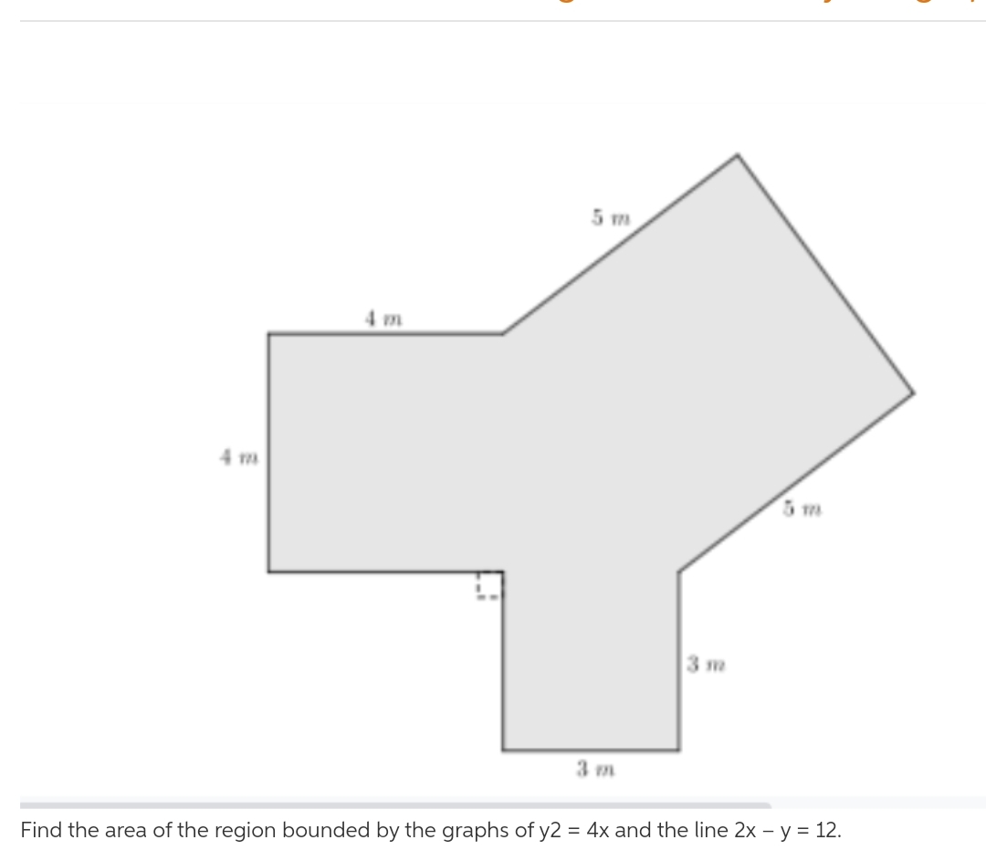 5 m
4 m
4 m
5 m
3 m
3 m
Find the area of the region bounded by the graphs of y2 = 4x and the line 2x – y = 12.
