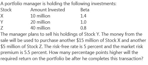 A portfolio manager is holding the following investments:
Stock
Amount Invested
Beta
10 million
1.4
Y
20 million
1.0
Z
40 million
0.8
The manager plans to sell his holdings of Stock Y. The money from the
sale will be used to purchase another $15 million of Stock X and another
$5 million of Stock Z. The risk-free rate is 5 percent and the market risk
premium is 5.5 percent. How many percentage points higher will the
required return on the portfolio be after he completes this transaction?
