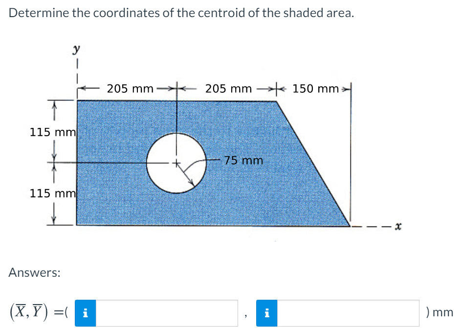 Determine the coordinates of the centroid of the shaded area.
y
205 mm
205 mm e 150 mm
115 mm
75 mm
115 mm
Answers:
(X, Y) =( i
i
) mm
