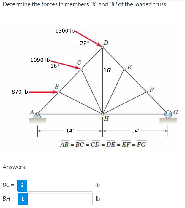 Determine the forces in members BC and BH of the loaded truss.
1300 lb.
28°
D
1090 Ib.
16
E
16'
B
870 lb.
F
A
G
|H
14'
14'
AB = BC = CD = DE = EF = FG
%3D
%3D
%3D
Answers:
BC = i
Ib
BH =
i
Ib
%3D
