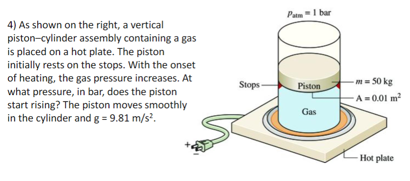 4) As shown on the right, a vertical
piston-cylinder assembly containing a gas
is placed on a hot plate. The piston
initially rests on the stops. With the onset
of heating, the gas pressure increases. At
what pressure, in bar, does the piston
start rising? The piston moves smoothly
in the cylinder and g = 9.81 m/s².
Stops-
Piston
- m = 50 kg
-A = 0.01 m2
Gas
Hot plate
