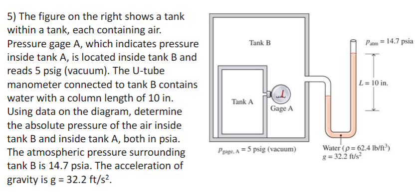 5) The figure on the right shows a tank
within a tank, each containing air.
Pressure gage A, which indicates pressure
inside tank A, is located inside tank B and
Tank B
Patm = 14.7 psia
reads 5 psig (vacuum). The U-tube
manometer connected to tank B contains
L = 10 in.
water with a column length of 10 in.
Using data on the diagram, determine
the absolute pressure of the air inside
tank B and inside tank A, both in psia.
Tank A
Gage A
The atmospheric pressure surrounding
tank B is 14.7 psia. The acceleration of
Pgage. A =5 psig (vacuum)
Water (p = 62.4 Ib/ft°)
g = 32.2 ft/s?
gravity is g = 32.2 ft/s².
