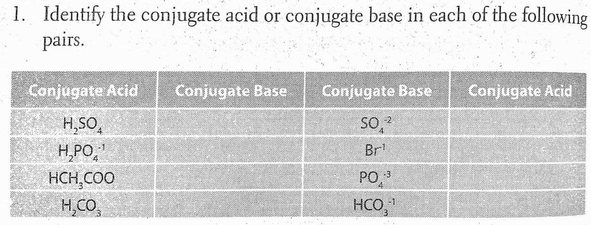 1. Identify the conjugate acid or conjugate base in each of the following
pairs.
Conjugate Acid
Conjugate Base
Conjugate Base
Conjugate Acid
H,SO,
H,PO,"
HCH,COO
H,CO
So,
-2
4
Br
PO,
HCO,"
-3
