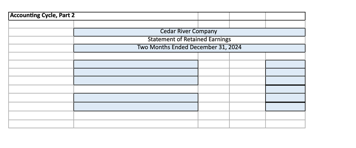 Accounting Cycle, Part 2
Cedar River Company
Statement of Retained Earnings
Two Months Ended December 31, 2024