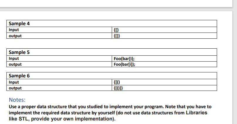 Sample 4
{}
Input
output
{[]}
Sample 5
Input
output
Foo(bar[i);
Foo(bar[i]);
Sample 6
Input
{[()
output
{[0]}
Notes:
Use a proper data structure that you studied to implement your program. Note that you have to
implement the required data structure by yourself (do not use data structures from Libraries
like STL, provide your own implementation).