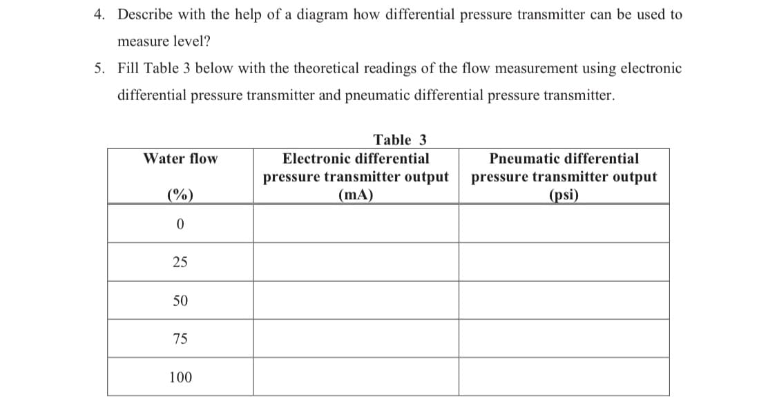 4. Describe with the help of a diagram how differential pressure transmitter can be used to
measure level?
5. Fill Table 3 below with the theoretical readings of the flow measurement using electronic
pressure transmitter and pneumatic differential pressure transmitter
differential
Table 3
Water flow
Electronic differential
Pneumatic differential
pressure transmitter output
(mA)
pressure transmitter output
(psi)
(%)
25
50
75
100
