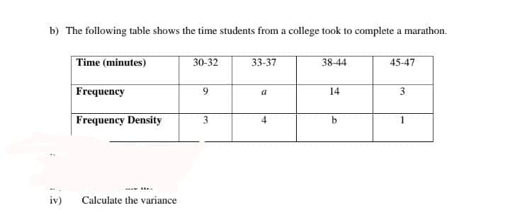 b) The following table shows the time students from a college took to complete a marathon.
Time (minutes)
30-32
33-37
38-44
45-47
Frequency
a
14
3
Frequency Density
3
4
iv)
Calculate the variance
