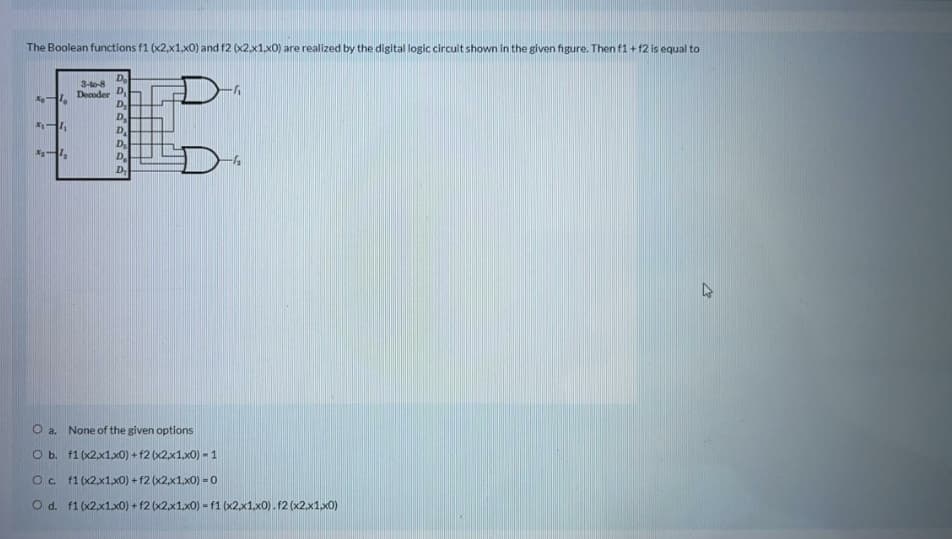 The Boolean functions f1 (x2,x1.x0) and f2 (x2.x1.x0) are realized by the digital logic circuit shown in the given figure. Then f1+ 12 is equal to
Do
3-to-8
Decoder D
D.
D.
D.
D.
D.
D
O a. None of the given options
O b. f1 (x2x1,x0) + f2 (x2x1x0) - 1
Oc f1 (x2x1x0) + f2 (x2,x1.x0) = o
O d. f1 (x2.x1x0) + f2 (x2x1x0) - f1 (x2x1.x0). f2 (x2.x1x0)
