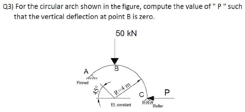 Q3) For the circular arch shown in the figure, compute the value of " P" such
that the vertical deflection at point B is zero.
50 kN
A
B
Pinned
R=4 m
El, constant
Roller
450
