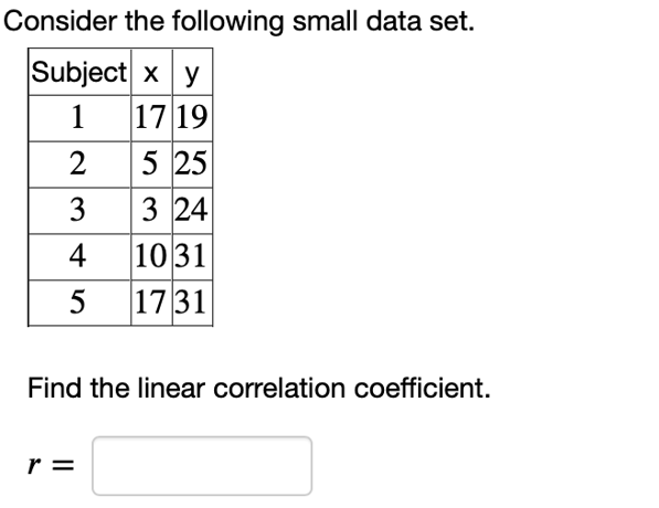 Consider the following small data set.
Subject x y
17 19
5 25
1
2
3 24
10 31
17 31
3
4
5
Find the linear correlation coefficient.
r =
