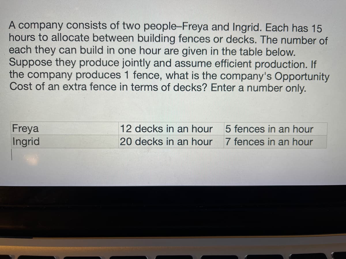 A company consists of two people-Freya and Ingrid. Each has 15
hours to allocate between building fences or decks. The number of
each they can build in one hour are given in the table below.
Suppose they produce jointly and assume efficient production. If
the company produces 1 fence, what is the company's Opportunity
Cost of an extra fence in terms of decks? Enter a number only.
12 decks in an hour
Freya
Ingrid
5 fences in an hour
20 decks in an hour
7 fences in an hour
