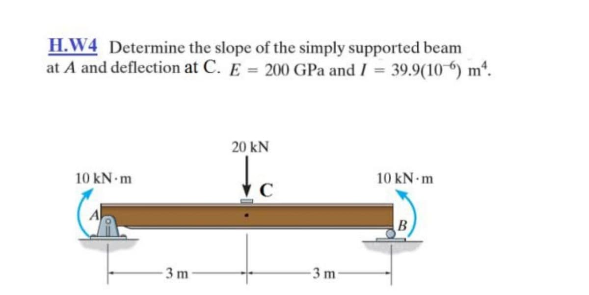 H.W4 Determine the slope of the simply supported beam
at A and deflection at C. E = 200 GPa and I = 39.9(106) m¹.
20 kN
10 kN.m
10 kN.m
3 m
to
C
-3 m