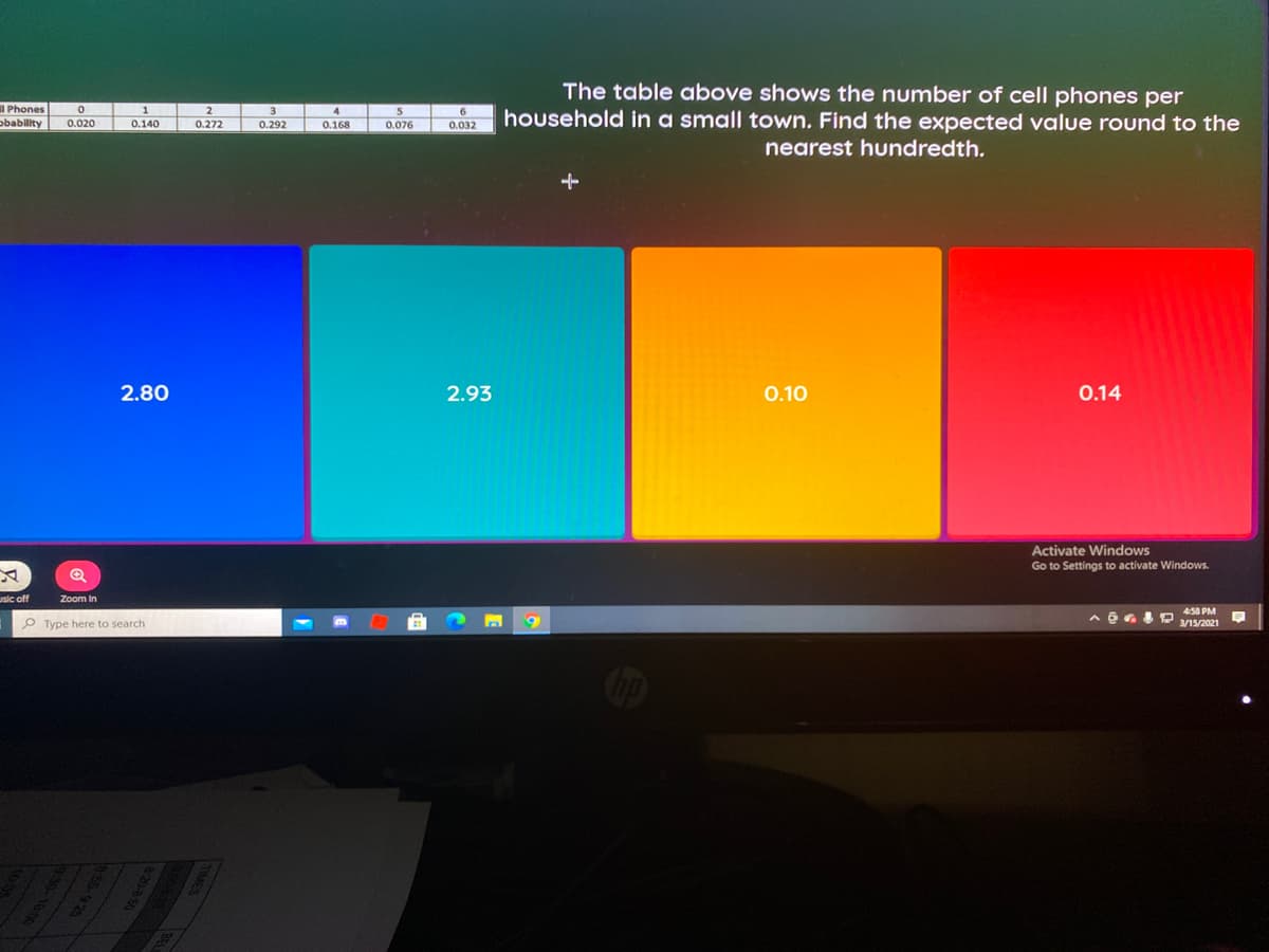 The table above shows the number of cell phones per
household in a small town. Find the expected value round to the
l Phones
obability
2
3
4
6
0.020
0.140
0.272
0,292
0.168
0.076
0.032
nearest hundredth.
2.80
2.93
0.10
0.14
Activate Windows
Go to Settings to activate Windows.
usic off
Zoom in
458 PM
A GG EP 1s/2021
P Type here to search
00:01-000
