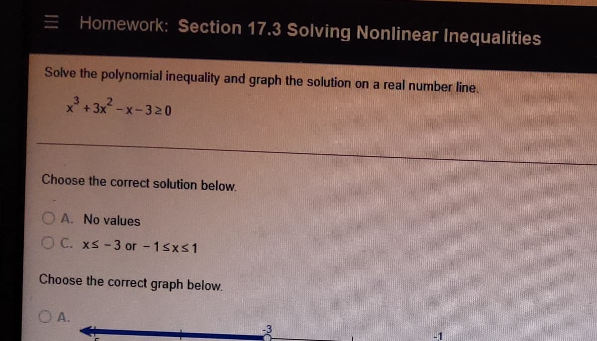 Homework: Section 17.3 Solving Nonlinear Inequalities
Solve the polynomial inequality and graph the solution on a real number line.
x+3x-x-320
Choose the correct solution below.
O A. No values
O C. xs -3 or - 1sxs1
Choose the correct graph below.
O A.
