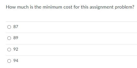 How much is the minimum cost for this assignment problem?
87
89
O 92
O 94

