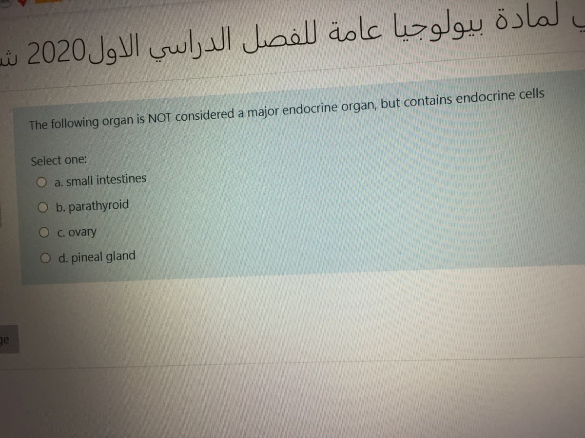 المادة بيولوجيا عامة ل لفصل الدراسي الأول 2020 ل لد
The following organ is NOT considered a major endocrine organ, but contains endocrine cells
Select one:
O a. small intestines
O b. parathyroid
C. ovary
O d. pineal gland
ge
