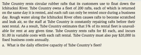 Tube Country rents circular rubber rafts that its customers use to float down the
Ichituckni River. Tube Country owns a fleet of 200 rafts, each of which is returned
on the same day it is rented, and each raft can only be rented once during a business
day. Rough water along the Ichituckni River often causes rafts to become scratched
and leak air, so the staff at Tube Country is constantly repairing rafts before their
next rental. As a result, Tube Country estimates that 5% of its rental fleet is unavail-
able for rent at any given time. Tube Country rents rafts for $5 each, and incurs
$1.00 in variable costs with each raft rental. Tube Country must also pay $20,000 in
fixed business costs annually.
a. What is the daily effective capacity of Tube Country's fleet?

