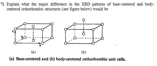 7) Explain what the major difference in the XRD patterns of base-centered and body-
centered orthorhombic structures (see figure below) would be
(a)
(b)
(a) Base-centered and (b) body-centered orthorhombic unit cells.
