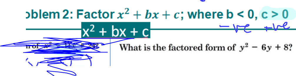 ɔblem 2: Factor x² + bx + c; where b < 0, c > 0
re zve
x² + bx + cj
What is the factored form of y² – 6y + 8?
