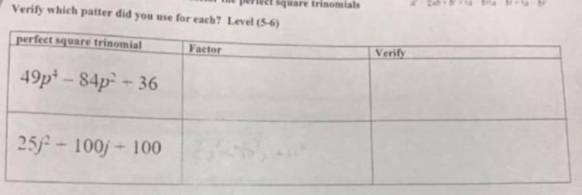 square trinomials
Verify which patter did you use for each? Level (5-6)
perfect square trinomial
Factor
Verify
49p* – 84p - 36
25j- 100j- 100
4.
