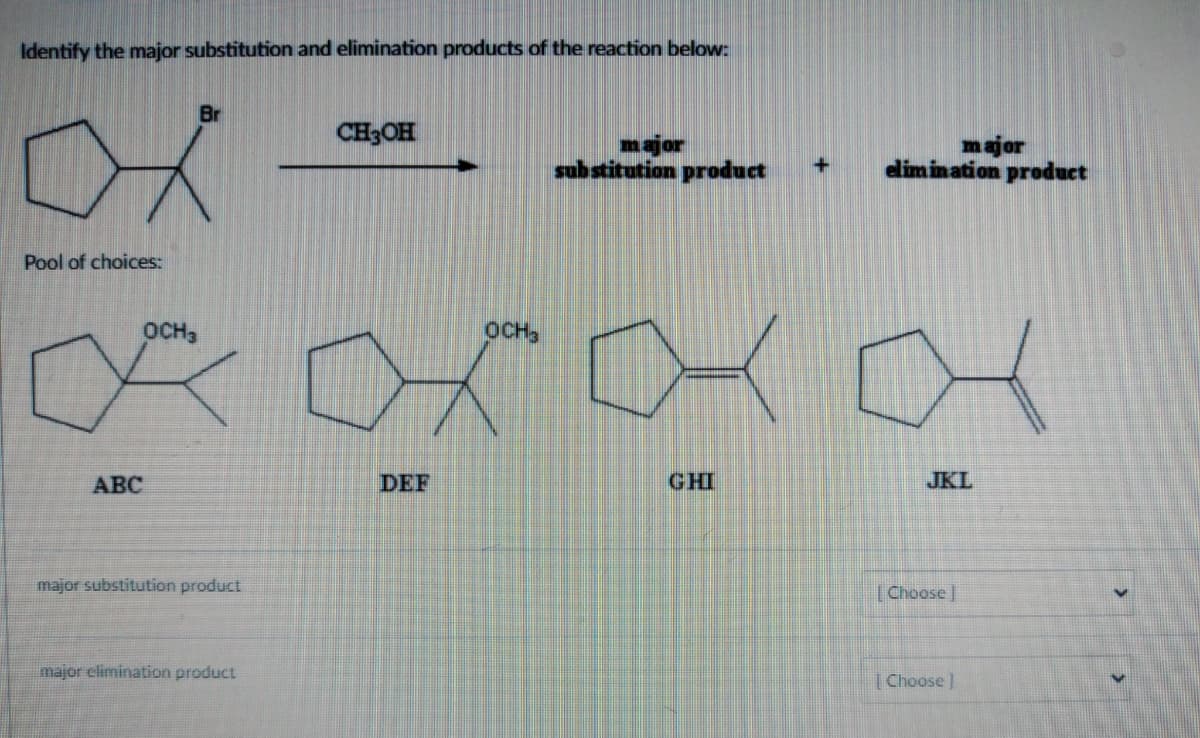 Identify the major substitution and elimination products of the reaction below:
Pool of choices:
Br
OCH 3
X
ABC
major substitution product
major elimination product
CH3OH
major
substitution product
OCH3
XX
DEF
GHI
+
major
elimination product
JKL
Choose
[Choose ]