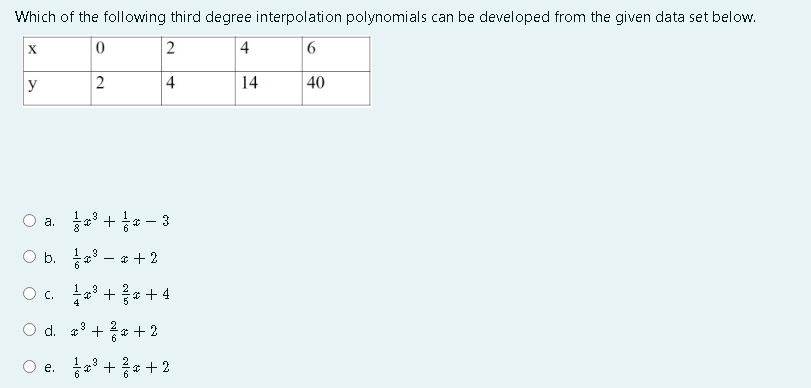 Which of the following third degree interpolation polynomials can be developed from the given data set below.
2
4
6.
X.
y
4
14
40
' + * – 3
а.
b. 능as-4+2
O. a +* + 4
3
d. * + 2* + 2
* +* + 2
е.
2.
