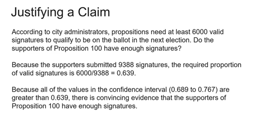 Justifying a Claim
According to city administrators, propositions need at least 6000 valid
signatures to qualify to be on the ballot in the next election. Do the
supporters of Proposition 100 have enough signatures?
Because the supporters submitted 9388 signatures, the required proportion
of valid signatures is 6000/9388 = 0.639.
Because all of the values in the confidence interval (0.689 to 0.767) are
greater than 0.639, there is convincing evidence that the supporters of
Proposition 100 have enough signatures.