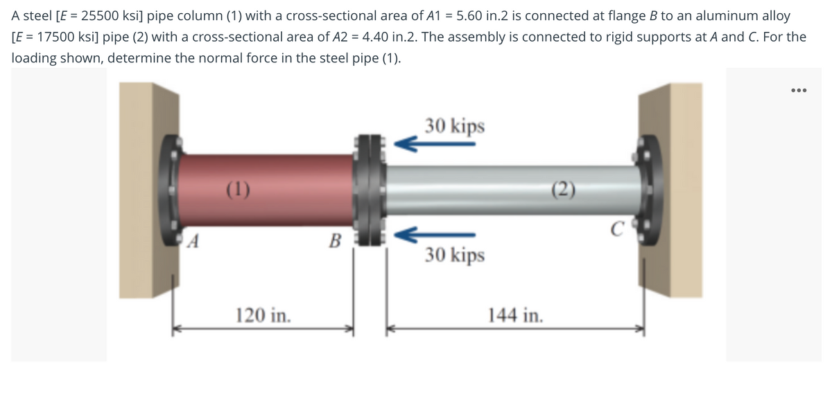 A steel [E = 25500 ksi] pipe column (1) with a cross-sectional area of A1 = 5.60 in.2 is connected at flange B to an aluminum alloy
[E = 17500 ksi] pipe (2) with a cross-sectional area of A2 = 4.40 in.2. The assembly is connected to rigid supports at A and C. For the
%3D
loading shown, determine the normal force in the steel pipe (1).
...
30 kips
(1)
C
A
B
30 kips
120 in.
144 in.
