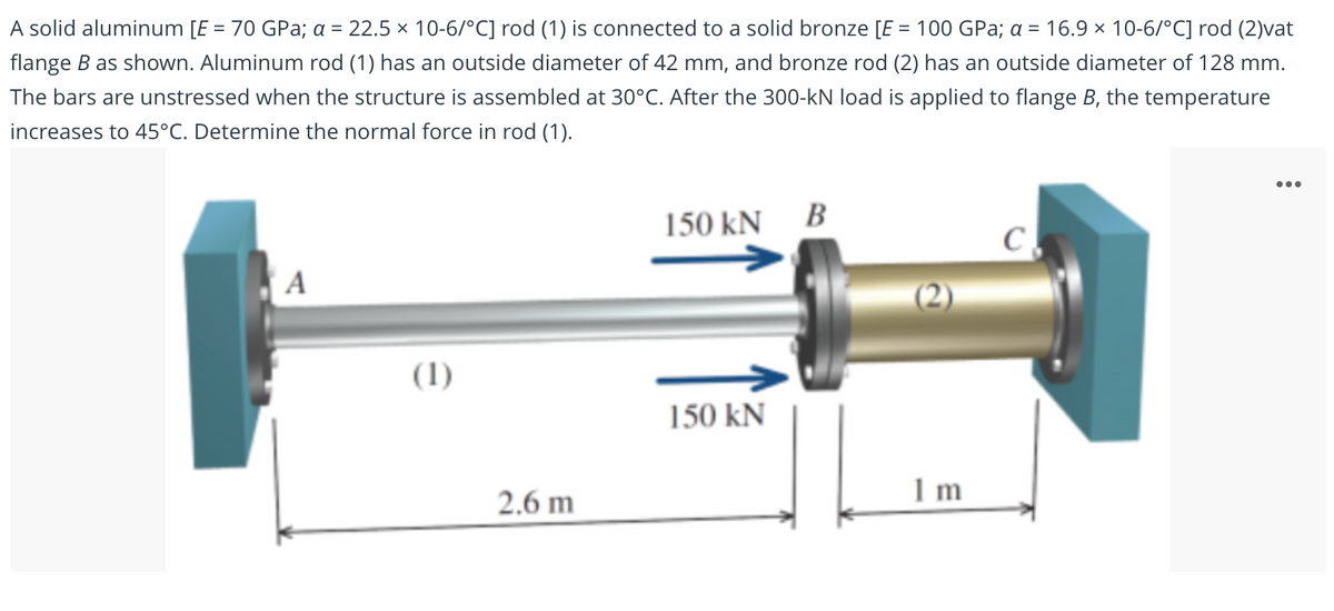 A solid aluminum [E = 70 GPa; a = 22.5 × 10-6/°C] rod (1) is connected to a solid bronze [E = 100 GPa; a = 16.9 × 10-6/°C] rod (2)vat
flange B as shown. Aluminum rod (1) has an outside diameter of 42 mm, and bronze rod (2) has an outside diameter of 128 mm.
%3D
The bars are unstressed when the structure is assembled at 30°C. After the 300-kN load is applied to flange B, the temperature
increases to 45°C. Determine the normal force in rod (1).
...
150 kN B
C
A
(2)
(1)
150 kN
2.6 m
1 m
