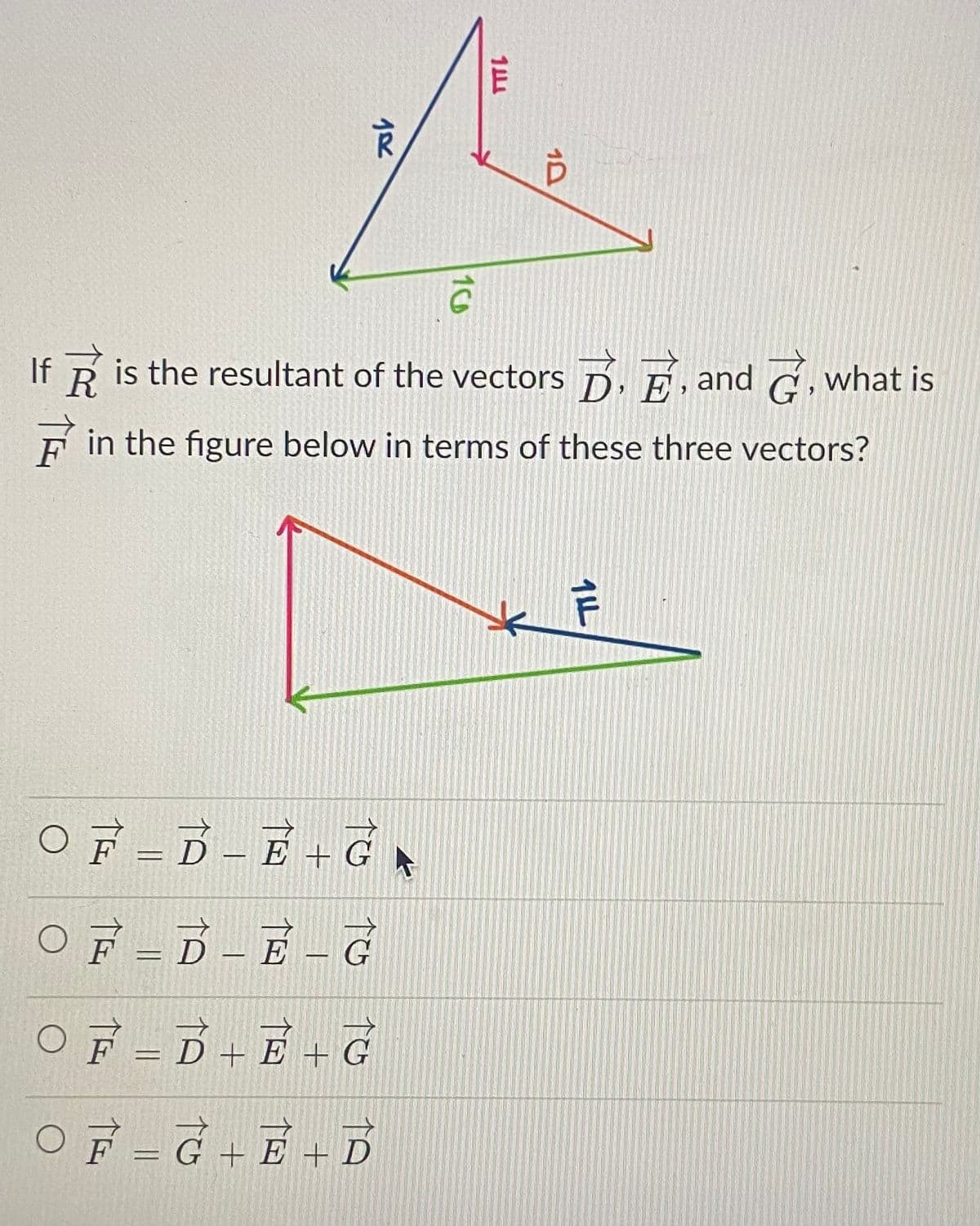 If R is the resultant of the vectors D, F, and G,what is
E in the figure below in terms of these three vectors?
OF-B-E+G
OF -D-E -G
OF =D+ E + G
OF-G+E +D
%3D
1D
1C0

