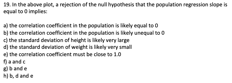 19. In the above plot, a rejection of the null hypothesis that the population regression slope is
equal to 0 implies:
a) the correlation coefficient in the population is likely equal to 0
b) the correlation coefficient in the population is likely unequal to 0
c) the standard deviation of height is likely very large
d) the standard deviation of weight is likely very small
e) the correlation coefficient must be close to 1.0
f) a and c
g) b and e
h) b, d and e
