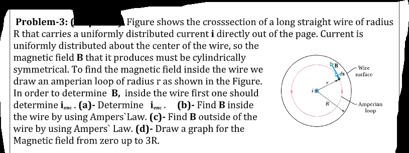 Problem-3:
Figure shows the crosssection of a long straight wire of radius
R that carries a uniformly distributed current i directly out of the page. Current is
uniformly distributed about the center of the wire, so the
magnetic field B that it produces must be cylindrically
symmetrical. To find the magnetic field inside the wire we
draw an amperian loop of radius r as shown in the Figure.
In order to determine B, inside the wire first one should
determine iene . (a)- Determine iene. (b)- Find B inside
the wire by using Ampers Law. (c)- Find B outside of the
wire by using Ampers Law. (d)- Draw a graph for the
Magnetic field from zero up to 3R.
Wire
ds
surface
-Amperian
loop
