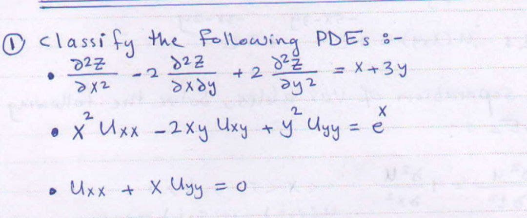 □ classify the following PDES :-
822
82
227
дх2
-2
+2
=x+3y
буду
дуг
2
2
X
• x Uxx - 2xy Иху +y² Иyy =ex
2ху +у Иуу
• Uxx + x Иуу =<
