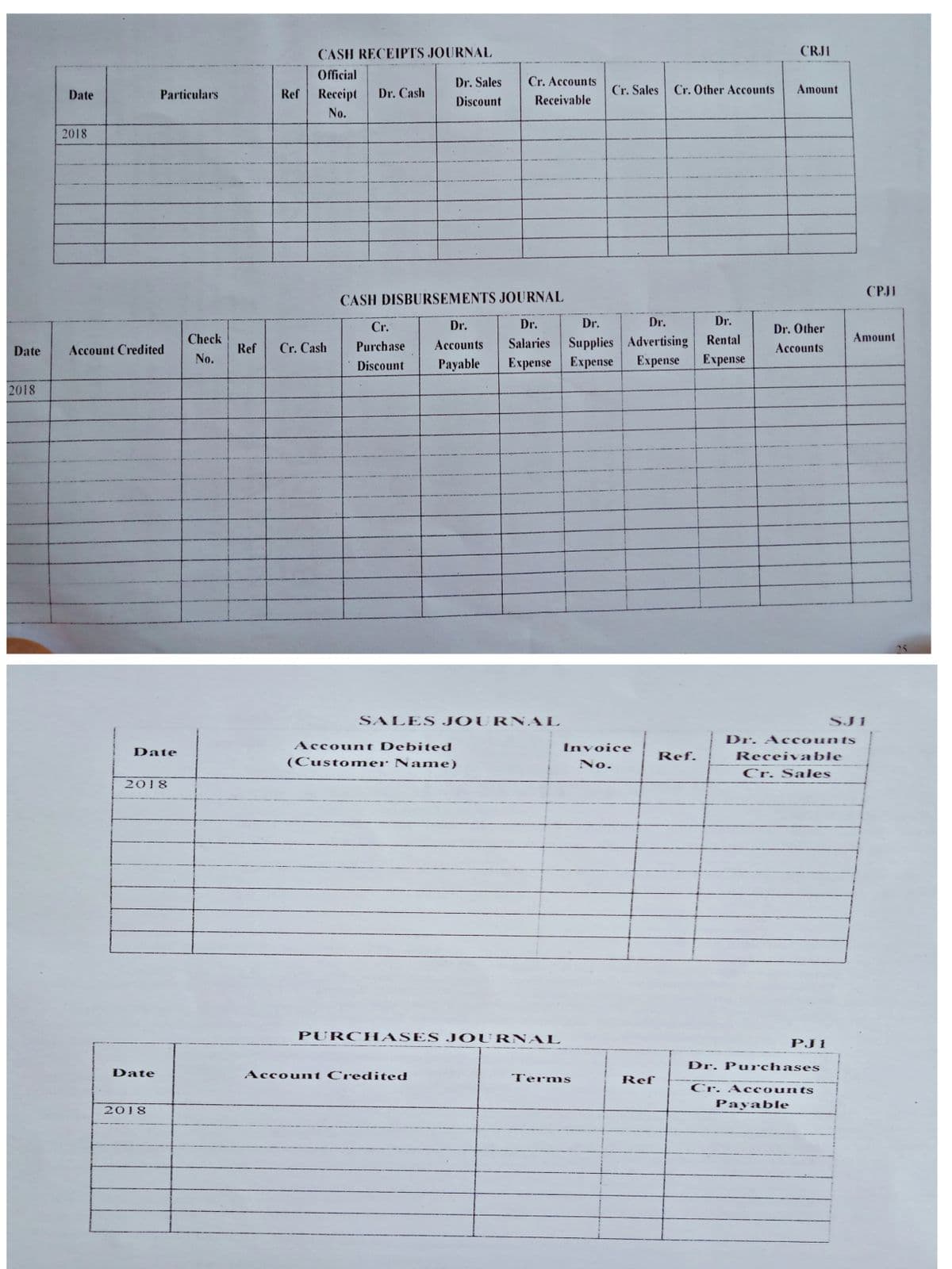 CASH RECEIPTS JOURNAL
CRJI
Official
Dr. Sales
Cr. Accounts
Particulars
Ref
Receipt
Dr. Cash
Cr. Sales Cr. Other Accounts
Amount
Date
Discount
Receivable
No.
2018
CPJI
CASH DISBURSEMENTS JOURNAL
Cr.
Dr.
Dr.
Dr.
Dr.
Dr.
Dr. Other
Amount
Salaries Supplies Advertising
Expense Expense
Check
Rental
Date
Account Credited
Ref
Cr. Cash
Purchase
Accounts
Accounts
No.
Discount
Payable
Expense
Expense
2018
SALES JOURNAL
SJ1
Dr. Accounts
Account Debited
Invoice
Date
Receiva ble
Cr. Sales
Ref.
(Customer Name}
No.
2018
PURCH ASES J OURNAL
PJ1
Dr. Purchases
Date
Account Credited
Terms
Ref
Cr. Accounts
Payable
2018
