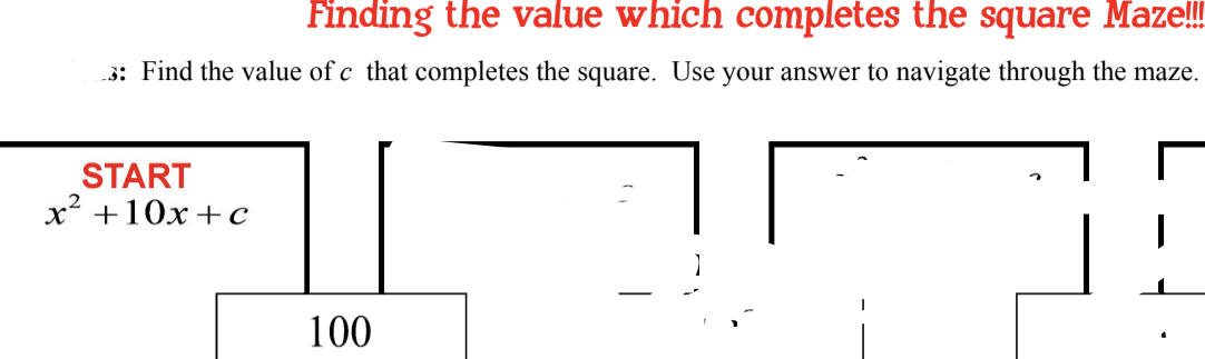 Finding the value which completes the square Maze!!
3: Find the value of c that completes the square. Use your answer to navigate through the maze.
START
x +10x + c
100
