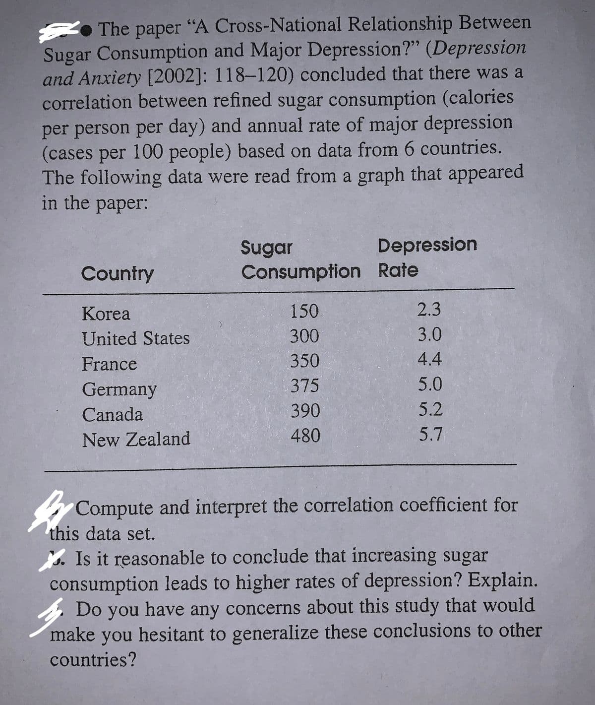 The paper "A Cross-National Relationship Between
Sugar Consumption and Major Depression?" (Depression
and Anxiety [2002]: 118-120) concluded that there was a
correlation between refined sugar consumption (calories
per person per day) and annual rate of major depression
(cases per 100 people) based on data from 6 countries.
The following data were read from a graph that appeared
in the paper:
рaper:
Depression
Sugar
Consumption Rate
Country
Korea
150
2.3
United States
300
3.0
France
350
4.4
Germany
375
5.0
Canada
390
5.2
New Zealand
480
5.7
Compute and interpret the correlation coefficient for
this data set.
. Is it reasonable to conclude that increasing sugar
consumption leads to higher rates of depression? Explain.
Do you have any concerns about this study that would
make you hesitant to generalize these conclusions to other
countries?
