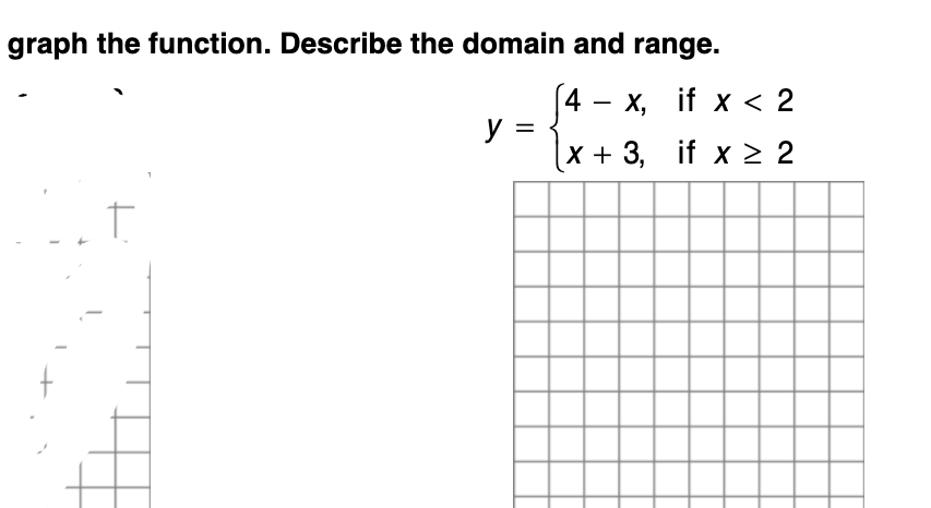 graph the function. Describe the domain and range.
[4 — х, if x < 2
y =
x+ 3, if х 2 2
-
