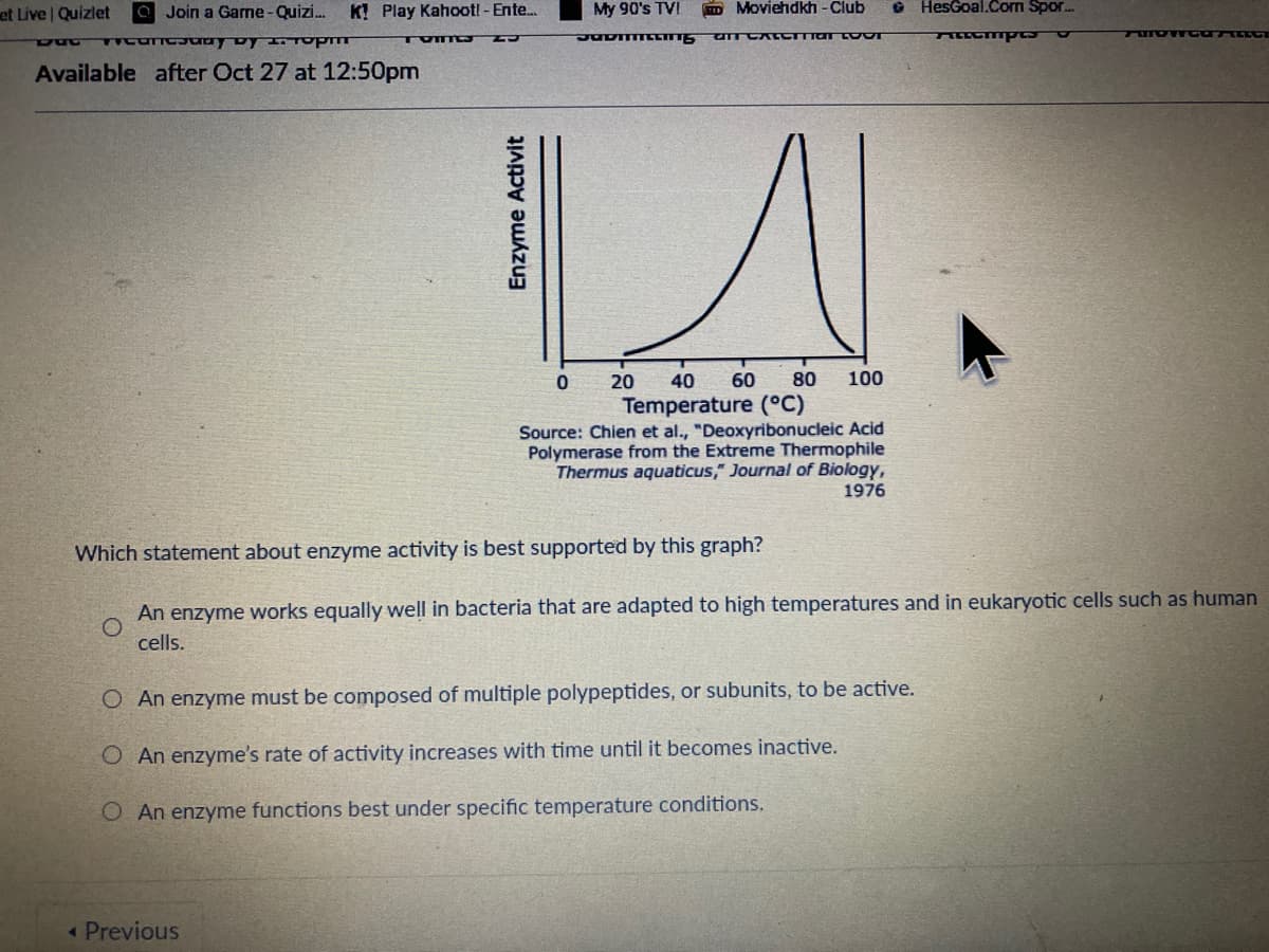 et Live | Quizlet
O Join a Game- Quizi.
K! Play Kahootl - Ente..
My 90's TV!
D Moviehdkh - Club
6 HesGoal.Com Spor.
TVITG
JUDITELITS
Available after Oct 27 at 12:50pm
20
40
60
80
100
Temperature (°C)
Source: Chien et al., "Deoxyribonucleic Acid
Polymerase from the Extreme Thermophile
Thermus aquaticus," Journal of Biology,
1976
Which statement about enzyme activity is best supported by this graph?
An enzyme works equally well in bacteria that are adapted to high temperatures and in eukaryotic cells such as human
cells.
O An enzyme must be composed of multiple polypeptides, or subunits, to be active.
O An enzyme's rate of activity increases with time until it becomes inactive.
O An enzyme functions best under specific temperature conditions.
< Previous
Enzyme Activit
