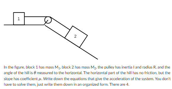 1
In the figure, block 1 has mass M1, block 2 has mass M2, the pulley has inertia I and radius R, and the
angle of the hill is 0 measured to the horizontal. The horizontal part of the hill has no friction, but the
slope has coefficient u. Write down the equations that give the acceleration of the system. You don't
have to solve them, just write them down in an organized form. There are 4.
2.

