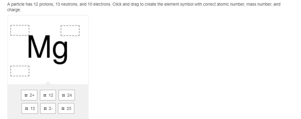 A particle has 12 protons, 13 neutrons, and 10 electrons. Click and drag to create the element symbol with correct atomic number, mass number, and
charge.
Mg
:: 2+
:: 12
:: 24
: 13
:: 2-
:: 25
