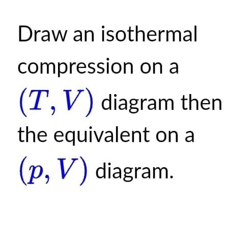 Draw an isothermal
compression on a
(T, V) diagram then
the equivalent on a
(p, V) diagram.