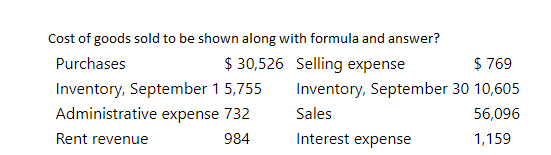 Cost of goods sold to be shown along with formula and answer?
Purchases
$ 30,526 Selling expense
Inventory, September 1 5,755
Administrative expense 732
Rent revenue
984
$ 769
Inventory, September 30 10,605
Sales
56,096
Interest expense
1,159