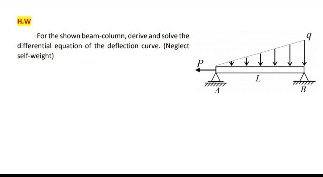 H.W
For the shown beam-column, derive and solve the
differential equation of the deflection curve. (Neglect
self-weight)
