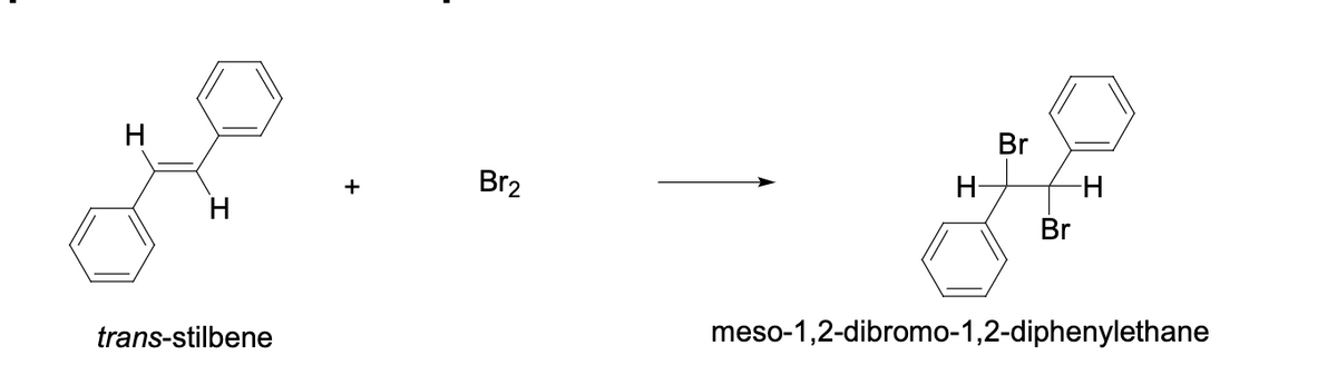 Br
Br2
H-
-H
+
H
Br
meso-1,2-dibromo-1,2-diphenylethane
trans-stilbene
