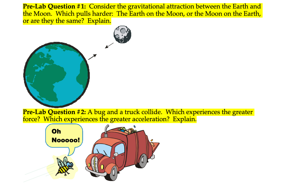 Pre-Lab Question # 1: Consider the gravitational attraction between the Earth and
the Moon. Which pulls harder: The Earth on the Moon, or the Moon on the Earth,
or are they the same? Explain.
Pre-Lab Question # 2: A bug and a truck collide. Which experiences the greater
force? Which experiences the greater acceleration? Explain.
Oh
Nooooo!
