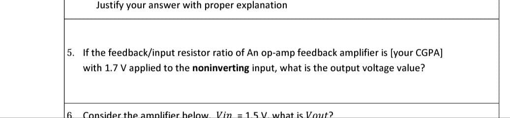 Justify your answer with proper explanation
5. If the feedback/input resistor ratio of An op-amp feedback amplifier is [your CGPA]
with 1.7 V applied to the noninverting input, what is the output voltage value?
6.
Consider the amplifier below. Vin = 1.5 V. what is Vout?
