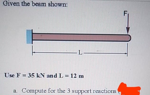 Given the beam shown:
Use F = 35 kN and L = 12 m
Compute for the 3 support reactions
a.
