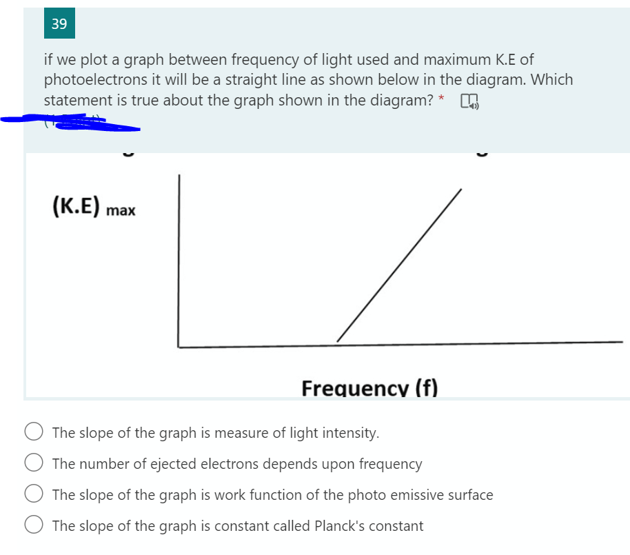 39
if we plot a graph between frequency of light used and maximum K.E of
photoelectrons it will be a straight line as shown below in the diagram. Which
statement is true about the graph shown in the diagram? * G
(K.E) max
Frequency (f)
The slope of the graph is measure of light intensity.
The number of ejected electrons depends upon frequency
The slope of the graph is work function of the photo emissive surface
O The slope of the graph is constant called Planck's constant
