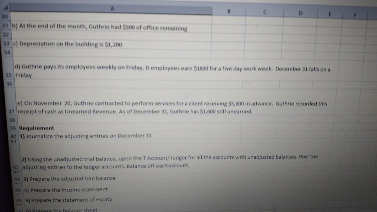 A.
D.
30
31 b) At the end of the month, Guthrie had $500 of office remaining
32
33 c) Depreciation on the building is $1,200
34
d) Guthrie pays its employees weekly on Friday. It employees earn $1800 for a five day work week. December 31 falls on a
35 Friday
36
e) On November 20, Guthrie contracted to perform services for a client receiving $3,600 in advance. Guthrie recorded this
37 receipt of cash as Unearned Revenue. As of December 31, Guthrie has $1,600 still unearned.
38
39 Requirement
40 1) Journalize the adjusting entries on December 31
41
2) Using the unadjusted trial balance, open the T Account/ ledger for all the accounts with unadjusted balances. Post the
42 adjusting entries to the ledger accounts. Balance off each account.
44 3) Prepare the adjusted trail balance
46 4) Prepare the income statement
48 5) Prepare the statement of equity
50. 6) Prenare the balance sheet
