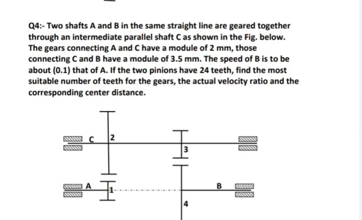 Q4:- Two shafts A and B in the same straight line are geared together
through an intermediate parallel shaft C as shown in the Fig. below.
The gears connecting A and C have a module of 2 mm, those
connecting C and B have a module of 3.5 mm. The speed of B is to be
about (0.1) that of A. If the two pinions have 24 teeth, find the most
suitable number of teeth for the gears, the actual velocity ratio and the
corresponding center distance.
2
3
4
